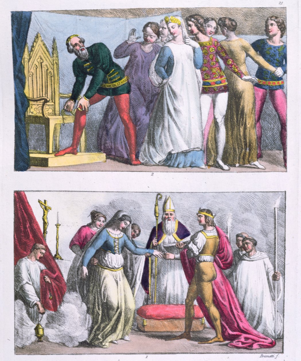 A harisnyakötő-rend III. Edward (1312-77) által 1348-ban történő bevezetése és I. Henrik (1068-1135) házassága, Jules Ferrario "Le Costume Ancien et Moderne" című művéből, 1820 körül (színes metszet). alkotó: G. and Raineri Bramatti