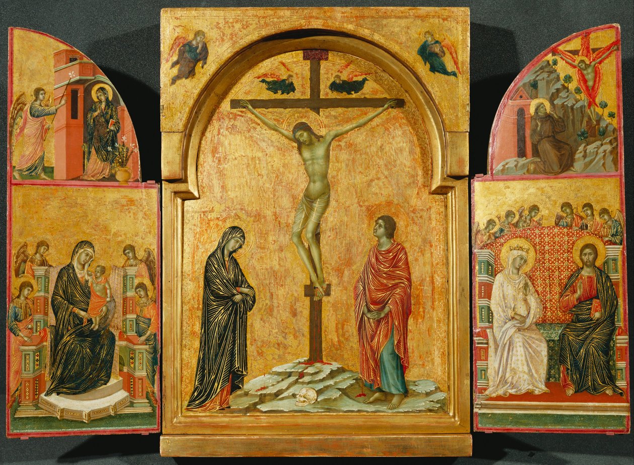Triptichon- keresztre feszítés és más jelenetek alkotó: Duccio di Buoninsegna