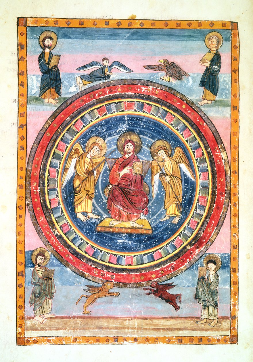 Codex Amiatinus Ms 1 f.796v Krisztus felségben angyalokkal és a négy evangélistával, kivégezték Jarrow-ban, Wearmouthban, 8. század elején alkotó: English School
