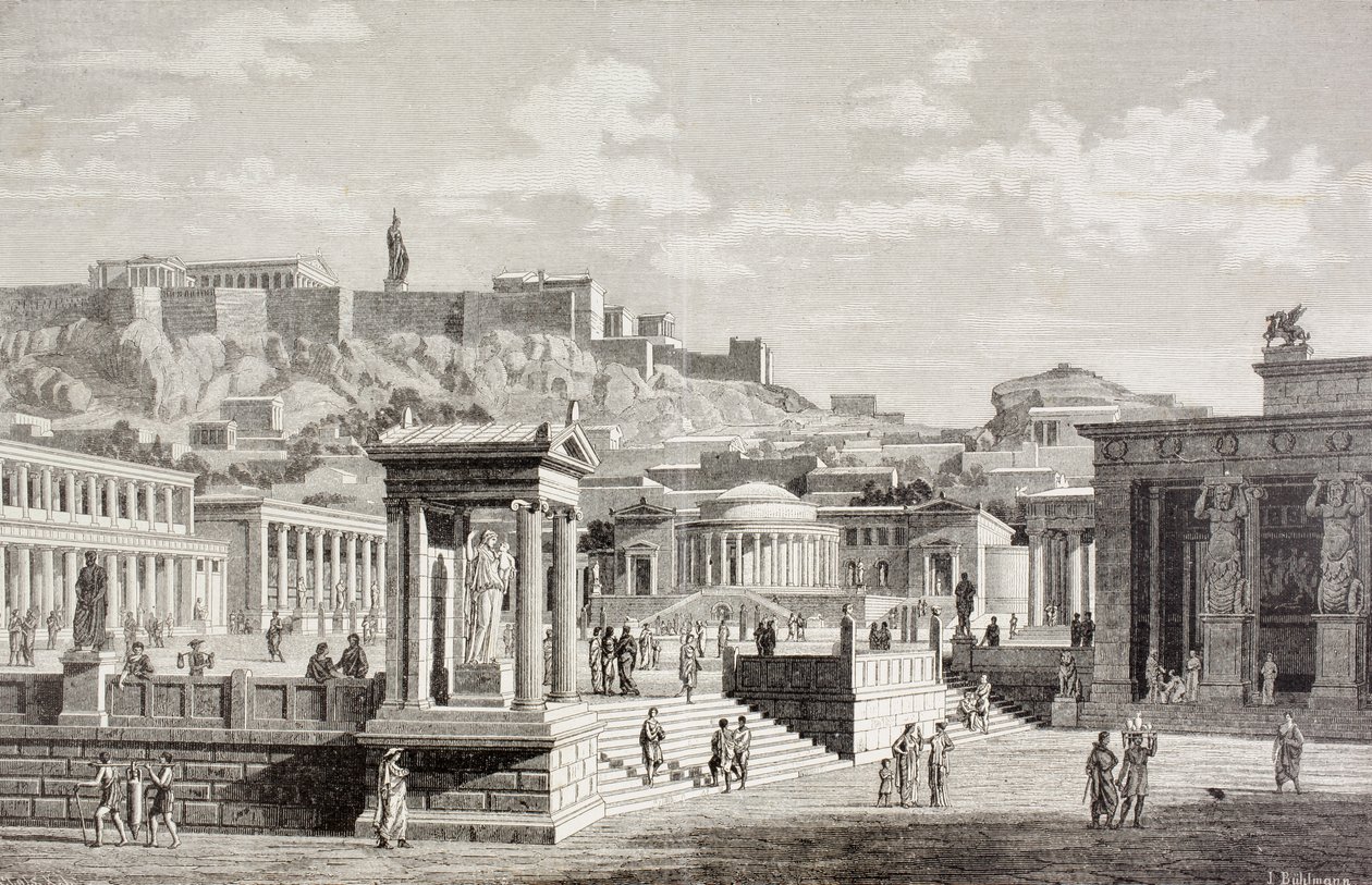 Az ókori görögországi athéni Agora piacának képzeletbeli képe az „El Mundo Ilustrado”-ból, Barcelona, 1880 (litho) alkotó: European School