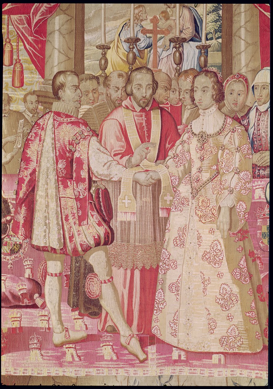 Az V. Károly kárpit, amely V. Károly (1500-58) és Portugáliai Izabellával (1503-39) kötött házasságát ábrázolja 1526-ban, a pár bíborosi áldásának részlete, Brugge, 1630-40 körül (78692 részlete) alkotó: Flemish School