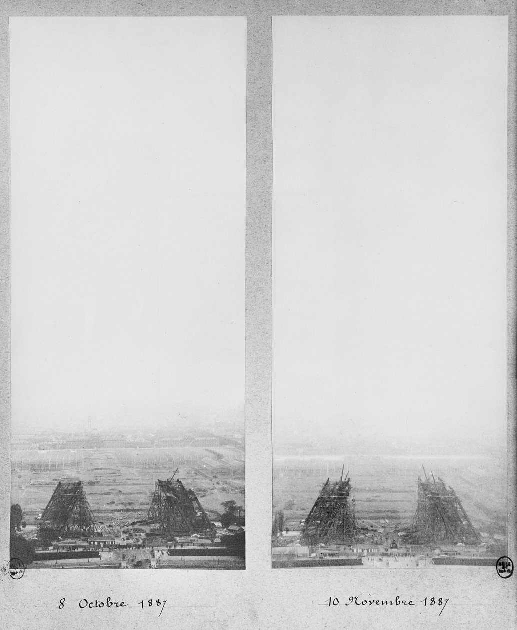 Két nézet az Eiffel-torony építkezéséről, Párizs, 1887. október 8. és november 10. alkotó: French Photographer