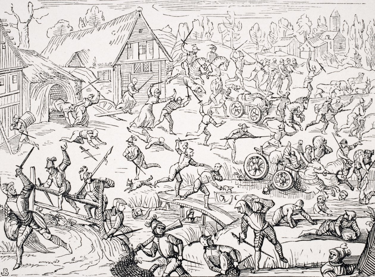 Katonák által kifosztott falu, Hamelmann „Oldenburgisches Chronicon” című, 1599-ben megjelent fametszetének másolata, Paul Lacroix (1806-84) „Le Moyen Age et La Renaissance” című művéből, 1847-ben. alkotó: French School