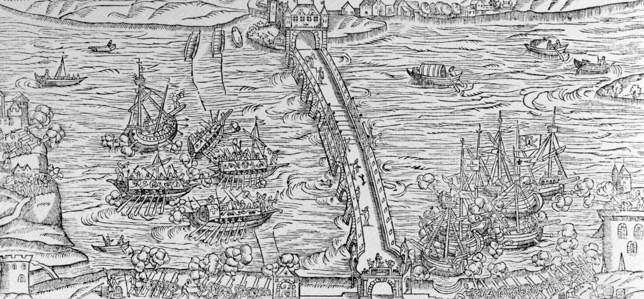 A Szajna folyón IV. Henrik előtt 1596-ban vívott tengeri ütközet rekonstrukciója, illusztráció a „Discours de la Ioyeuse et triomphante entree de Henry IIII faicte en sa ville de Rouën” című könyvéből. alkotó: French School