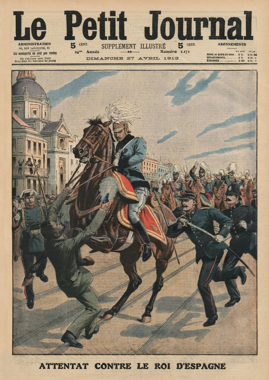 Meggyilkolási kísérlet XIII. Alfonz spanyol király ellen, a „Le Petit Journal” első borítójának illusztrációja, mellékelt illusztráció, 1913. április 27. alkotó: French School