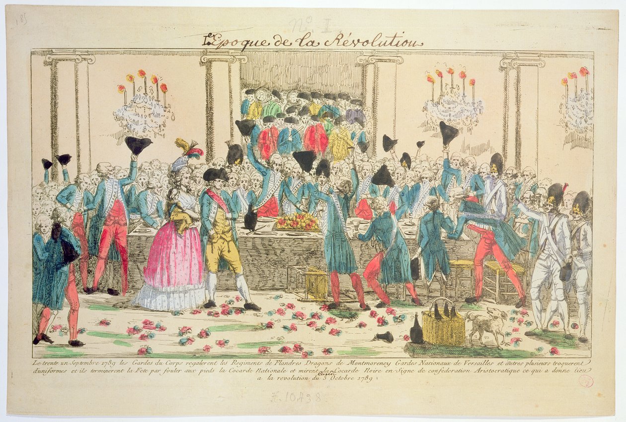 1789. október 1-jén a Versailles-i Operaházban tartott bankettet a király testőrsége, hogy üdvözölje a Flandria Ezred érkezését, hogy segítse a francia királyi család támogatását és védelmét. alkotó: French School