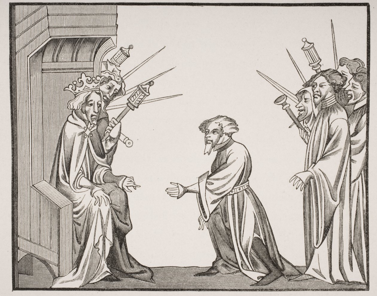 Nagy Károly (747-814), aki a hűség és a becsület esküjét fogadta egyik nagy feudatoriától vagy főbárójától, egy 14. századi miniatűr fakszimile a „Szent Denis krónikájában”, a „Le Moy”-ból alkotó: French School