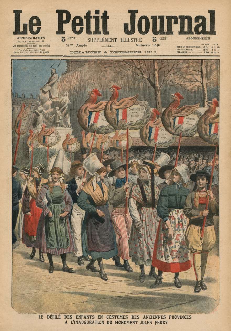 A tartományok jelmezébe öltözött gyerekek felvonulnak a párizsi Jules Ferry emlékmű felavatásán, illusztráció a „Le Petit Journal”-ból, mellékillusztráció, 1910. december 4. (lith színes alkotó: French School