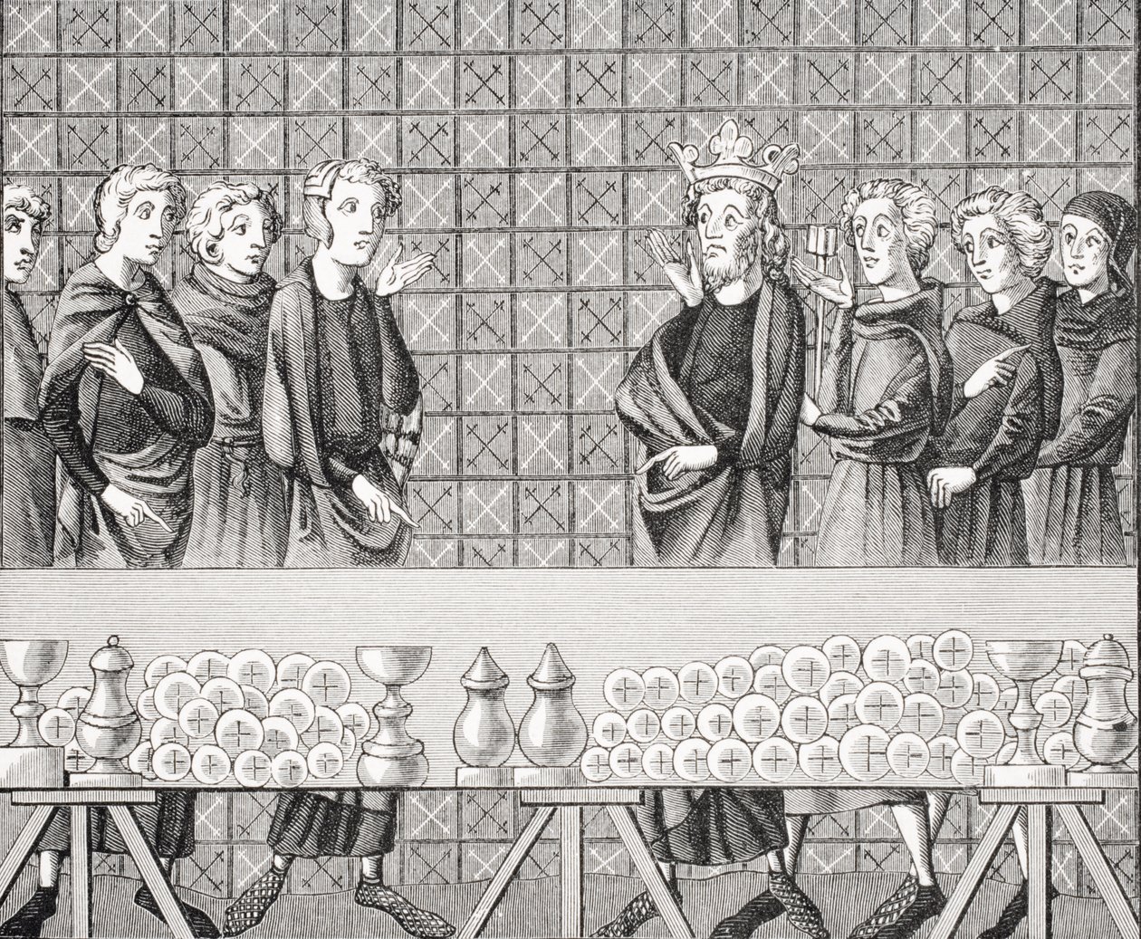 Az udvaroncok a szegények költségén gazdagságot gyűjtenek, a 14. századi „Tresor of Brunetto Latini” kézirat miniatűrje után, Paul Lacroix (1806-84) „Le Moyen Age et La Renaissance” című művéből. alkotó: French School