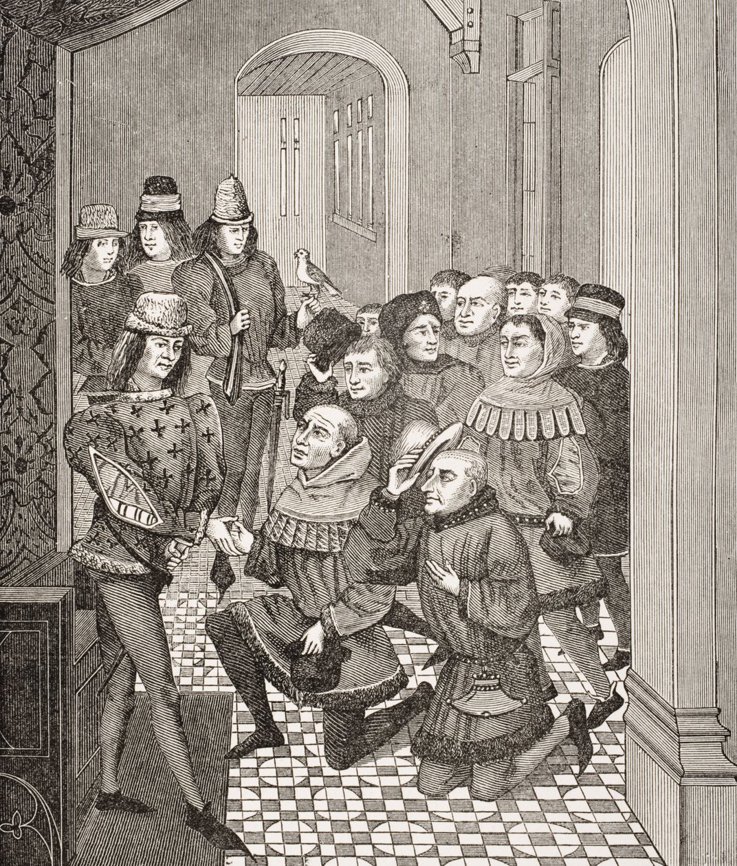 A genti polgárok képviselői bocsánatot kérnek II. Lajostól az ellene 1397-ben indított lázadásuk miatt, Jean Froissart (kb. 1333-1404) könyvének miniatúrája alapján, Pa "Le Moyen Age et La Renaissance"-ból. alkotó: French School