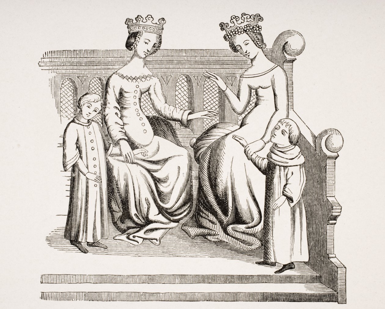 Nemes hölgyek és gyermekek ruhája a 14. században, a „Merveilles du Monde” miniatűrje után, Paul Lacroix (1806-84) „Le Moyen Age et La Renaissance” című művéből, 1847-ben megjelent alkotó: French School