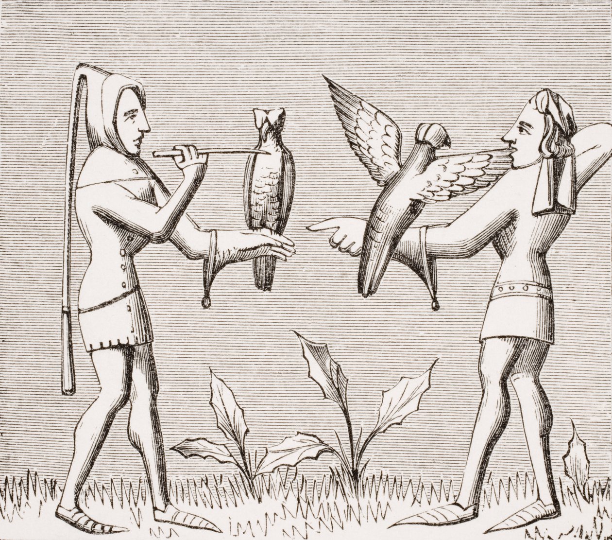 Solymászok öltöztetik madaraikat, egy miniatűr reprodukciója a 14. századi „Livre de Roy du Modus” Henri de Ferrieres-kéziratból, Paul Lacroix (1806-84) „Le Moyen Age et La Renaissance” című művéből. alkotó: French School