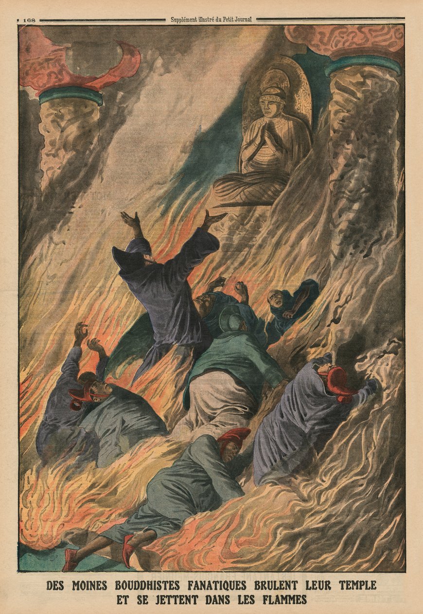 Fanatikus buddhista szerzetesek felgyújtották templomukat, és a lángok közé vetették magukat, Formosa szigete, a hátlapon illusztráció a "Le Petit Journal"-ból, mellékillusztráció, 1913. május 25. (színes világítás) alkotó: French School
