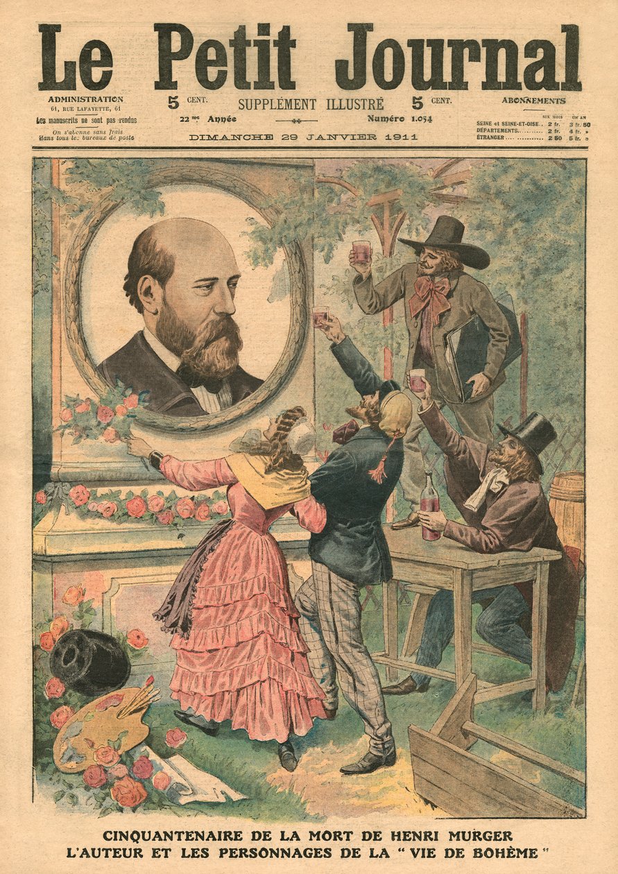 Henri Murger, a „La Vie de Boheme” írója és szereplői halálának ötvenedik évfordulója, illusztráció a „Le Petit Journal” című folyóiratból, mellékelt illusztráció, 1911. január 29. alkotó: French School