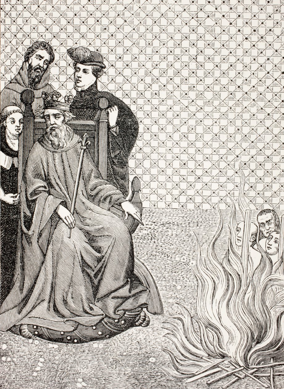 A benai Amalric követőit megégetik Párizs kapuja előtt II. Fülöp Augustus király utasítására, 1208 körül Paul Lacroix „Katonai és vallási élet a középkorban” című művéből, a Lon. alkotó: French School