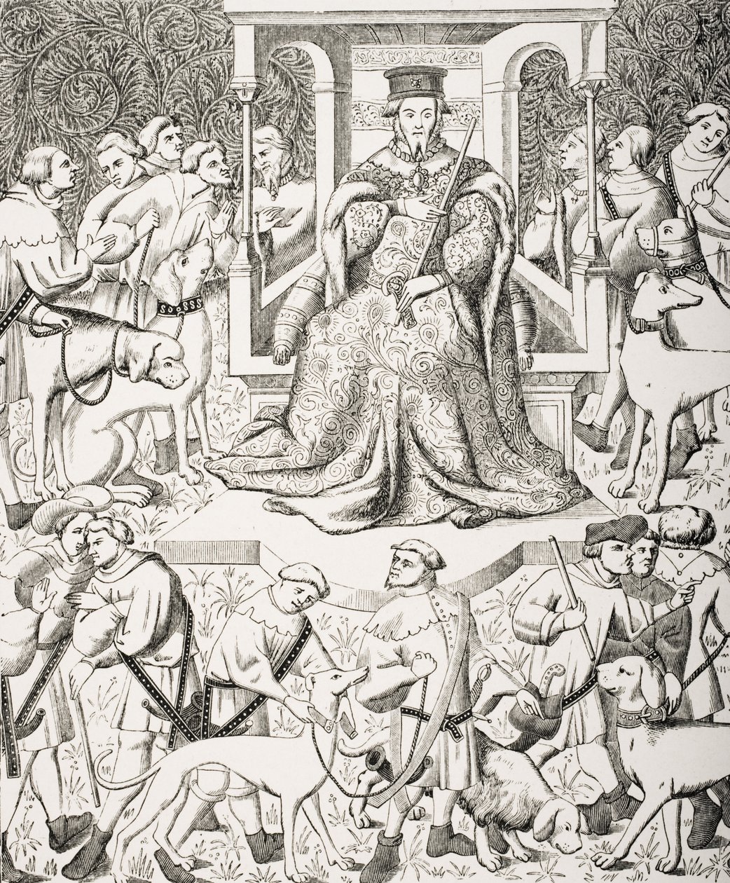 Gaston Phoebus (1331–1391): A bánat vagy a vadászat művészetét tanítja, Phoebus és munkatársai vadon élő állatokra és ragadozómadarakra vadászó 15. századi miniatúrája után, a Le Moyen Age et La Renaissance című művéből. alkotó: French School