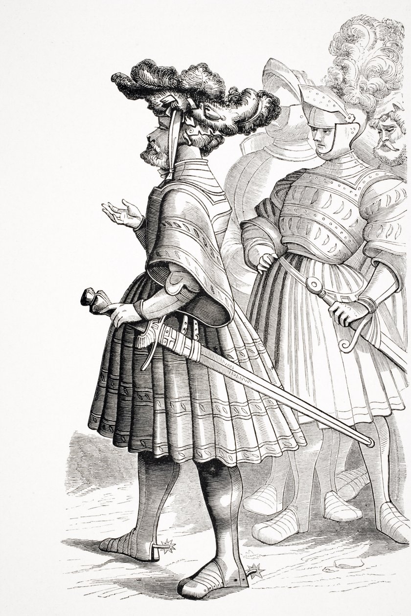 Német lovagok, a "Maximilianus császár élete" című tányér után, amelyet Burgmayer vésett Albrecht Durer (1471-1528) Paul Lacroix (1806-84) "Le Moyen Age et la Renaissance" című rajzából alkotó: French School