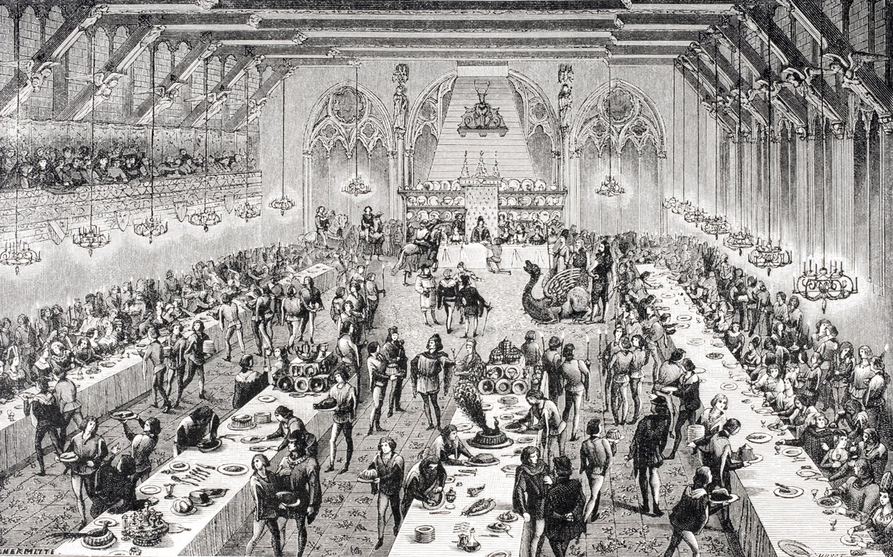 Nagy ünnepi bankett a francia udvarban a 14. században, M. Viollet-Leduc „Dictionnaire du Mobilier Francais” című 19. századi metszete, Pau „Le Moyen Age et La Renaissance” című művéből alkotó: French School