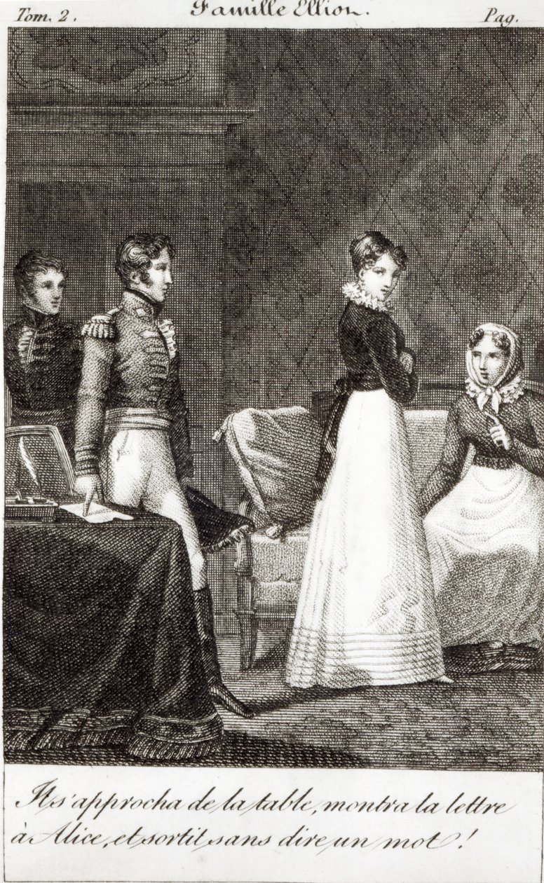 „Odajött az asztalhoz, megmutatta a levelet Alice-nek, és szó nélkül távozott!”, illusztráció a „La Famille Elliot” című művéből, amely Jane Austen (1775-1817) „Meggyőzés” című művének fordítása (bw) alkotó: French School