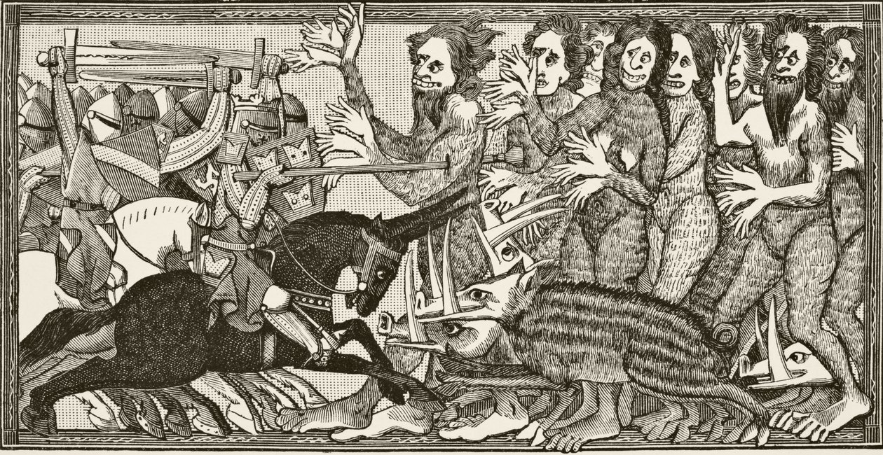 Hogyan harcolt Sándor olyan disznókkal, amelyeknek nagy, egy sing hosszú fogaik voltak, és olyan férfiakkal és nőkkel, akiknek hat kezük volt, Paul Lacroix (1806-84) "Tudomány és irodalom a középkorban" című művéből. alkotó: French School