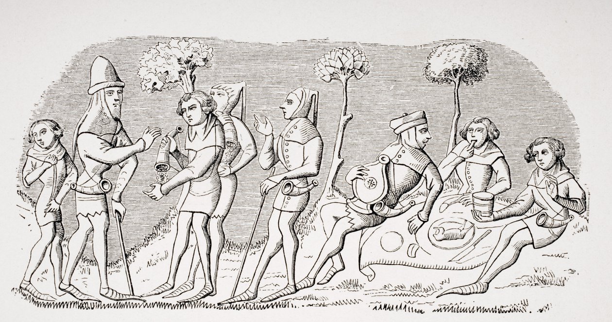 Vadászétel, egy miniatűr reprodukciója a 14. századi Livre de Roy du Modus kéziratban, Henri de Ferrierestől, Paul Lacroix (1806-84) „Le Moyen Age et La Renaissance” című művéből, amely 1847-ben jelent meg ( alkotó: French School