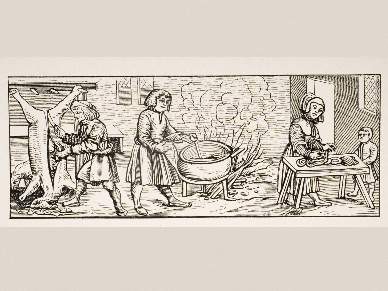 Egy konyha belseje Jean Staeffler „Calendarium Romanum” fametszete nyomán, Tubingenben, Németországban, 1518, Paul Lacroix (1806-84) „Le Moyen Age et La Renaissance” című művéből, 1847-ben (lith) alkotó: French School