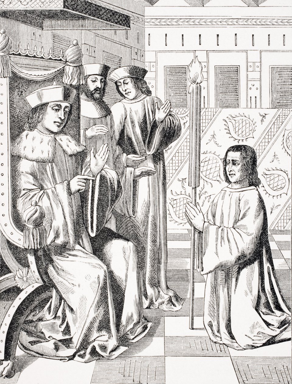 Jacques Coeur (kb. 1395-1456) VII. Károly (1403-1466) előtt tiszteleg, Paul Lacroix (1806-84) "Monstrelet krónikái" 15. századi miniatúrájának másolata "Le Moyen Age et La Renaissance" című művéből. ) alkotó: French School