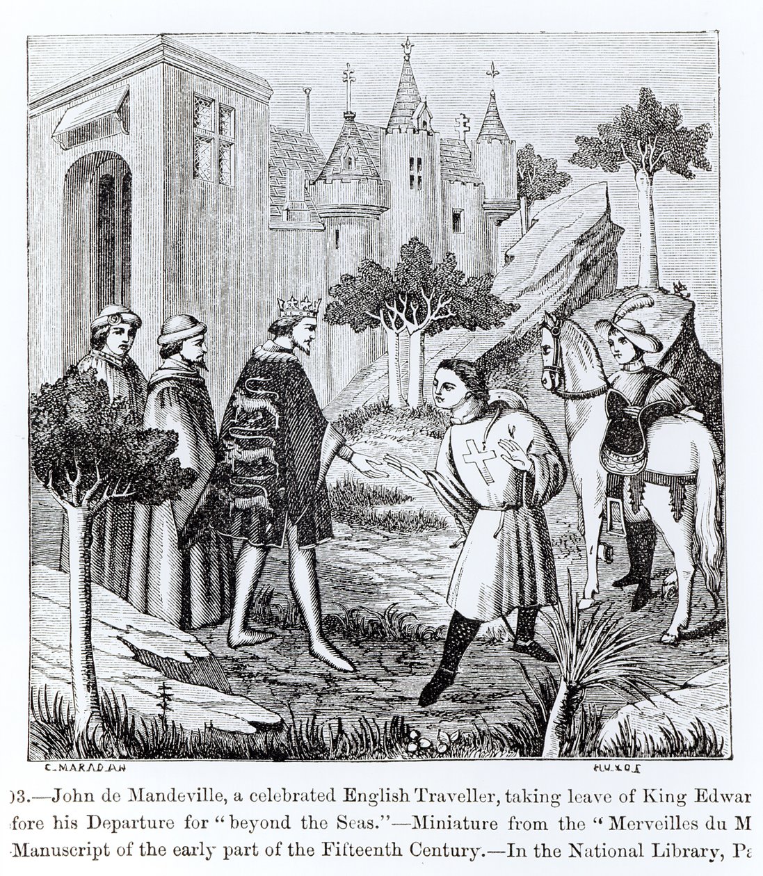 John de Mandeville búcsút vesz III. Edward királytól (1312-77) távozása előtt, a „Merveilles du Monde”-ból, a „Tudomány és irodalom a középkorban és a reneszánsz” illusztrációjából, írt egy alkotó: French School