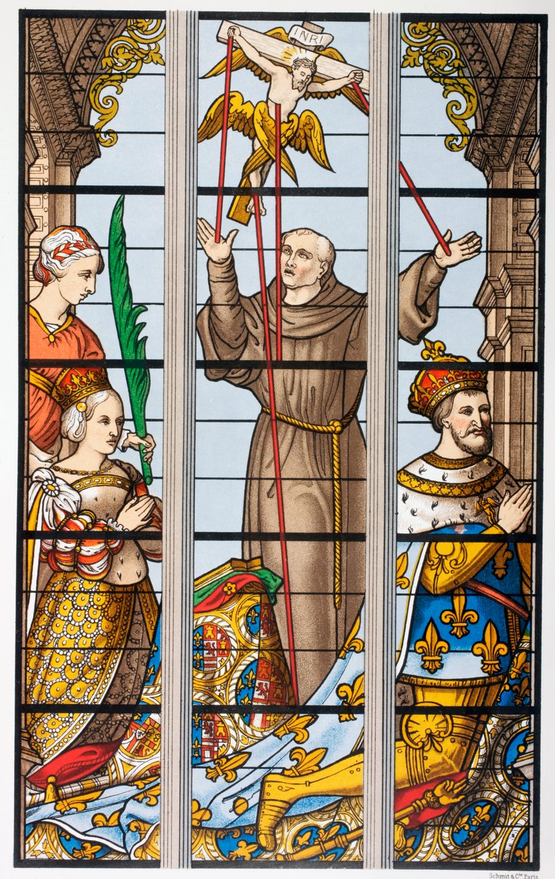 Francois francia király és felesége, Eleonore imádkozik, a brüsszeli Saint Gudule templom 16. századi ólomüveg ablakából, a Les Arts au Moyen Age-ből, 1873-ban alkotó: French School