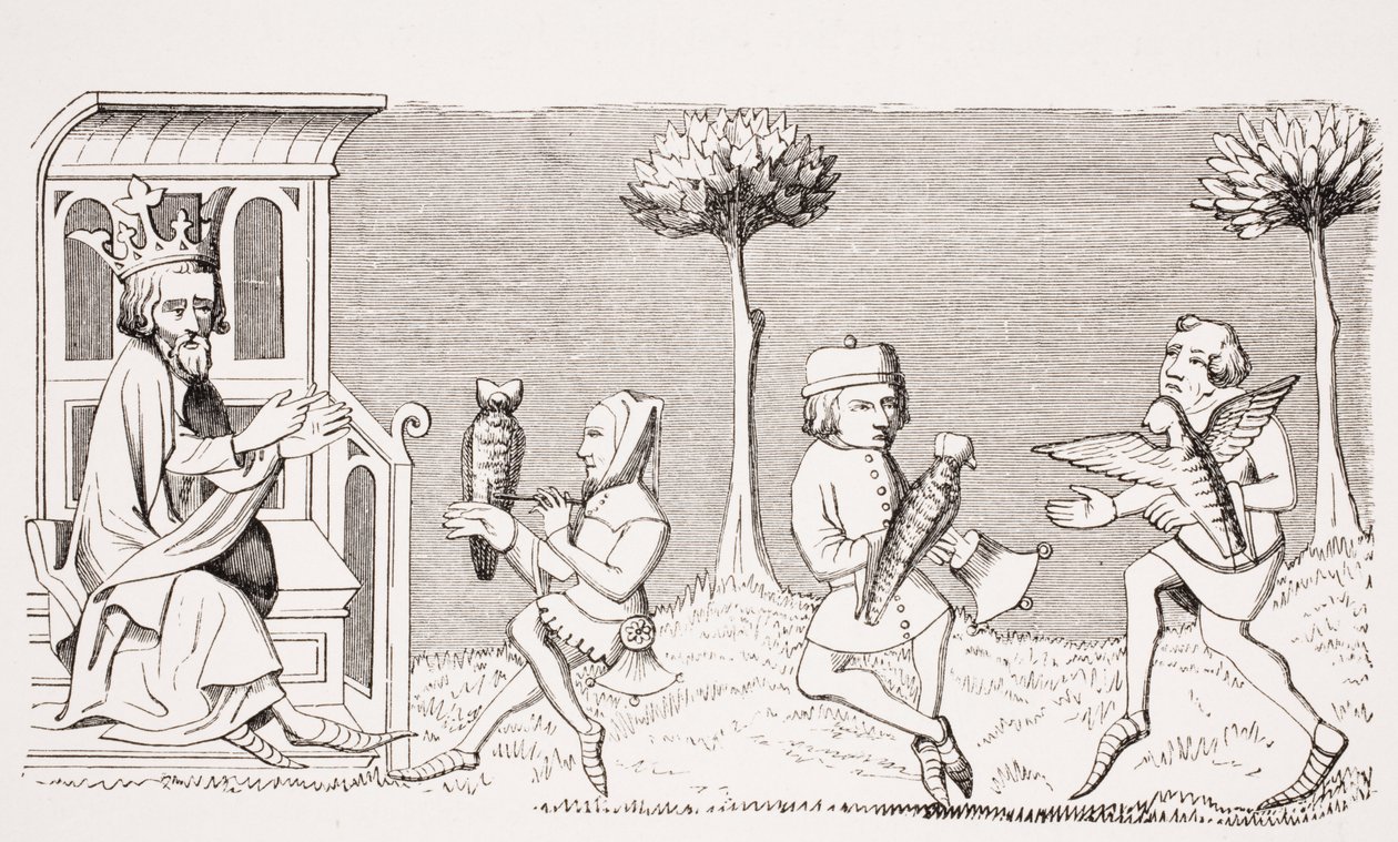 Modus király a solymászat művészetét tanítja, egy miniatűr reprodukciója a 14. századi „Livre de Roy du Modus” Henri de Ferrieres kéziratban, Paul Lacroix „Le Moyen Age et La Renaissance” című művéből. alkotó: French School