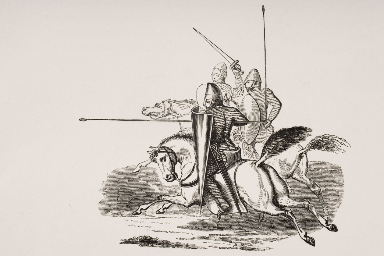 Lovagok és fegyveresek Louis le Gros uralkodása idején, egy 12. századi zsoltár miniatűrje után, Paul Lacroix (1806-84) „Le Moyen Age et La Renaissance” című művéből, 1847-ben (litho) alkotó: French School
