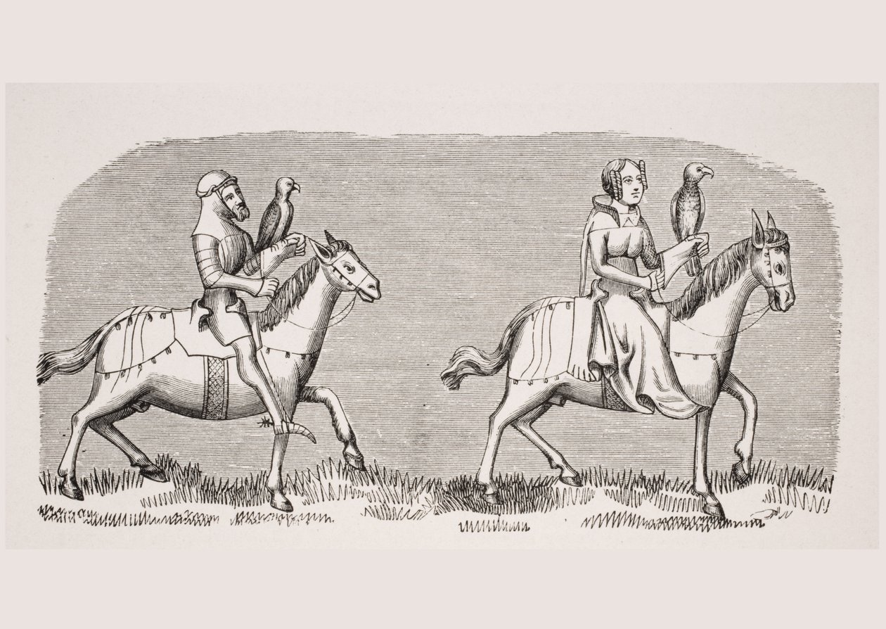 Hawkingot kiállító hölgy, egy miniatűr reprodukciója a 14. századi „Livre de Roy du Modus” Henri de Ferrieres kéziratában, Paul Lacroix (1806-84) „Le Moyen Age et La Renaissance” című könyvéből. alkotó: French School