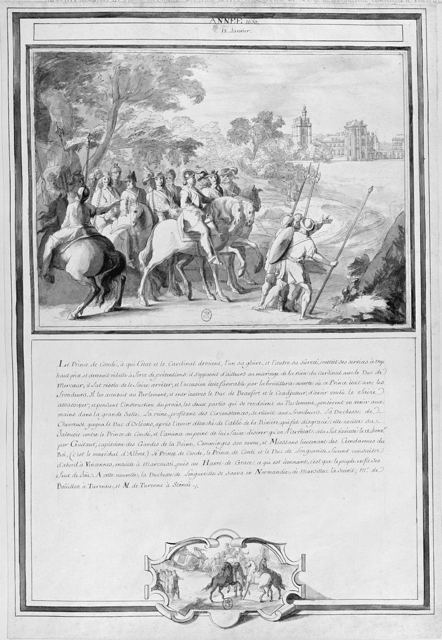 II. Lajos de Bourbon (1621-86) Conde hercege testvérével, Armand de Bourbonnal (1629-66) Conti hercegével és Henri II de Longueville-i herceggel (1595-1663) Estouteville hercege lovaglás Vincennes-be, január 18. alkotó: French School