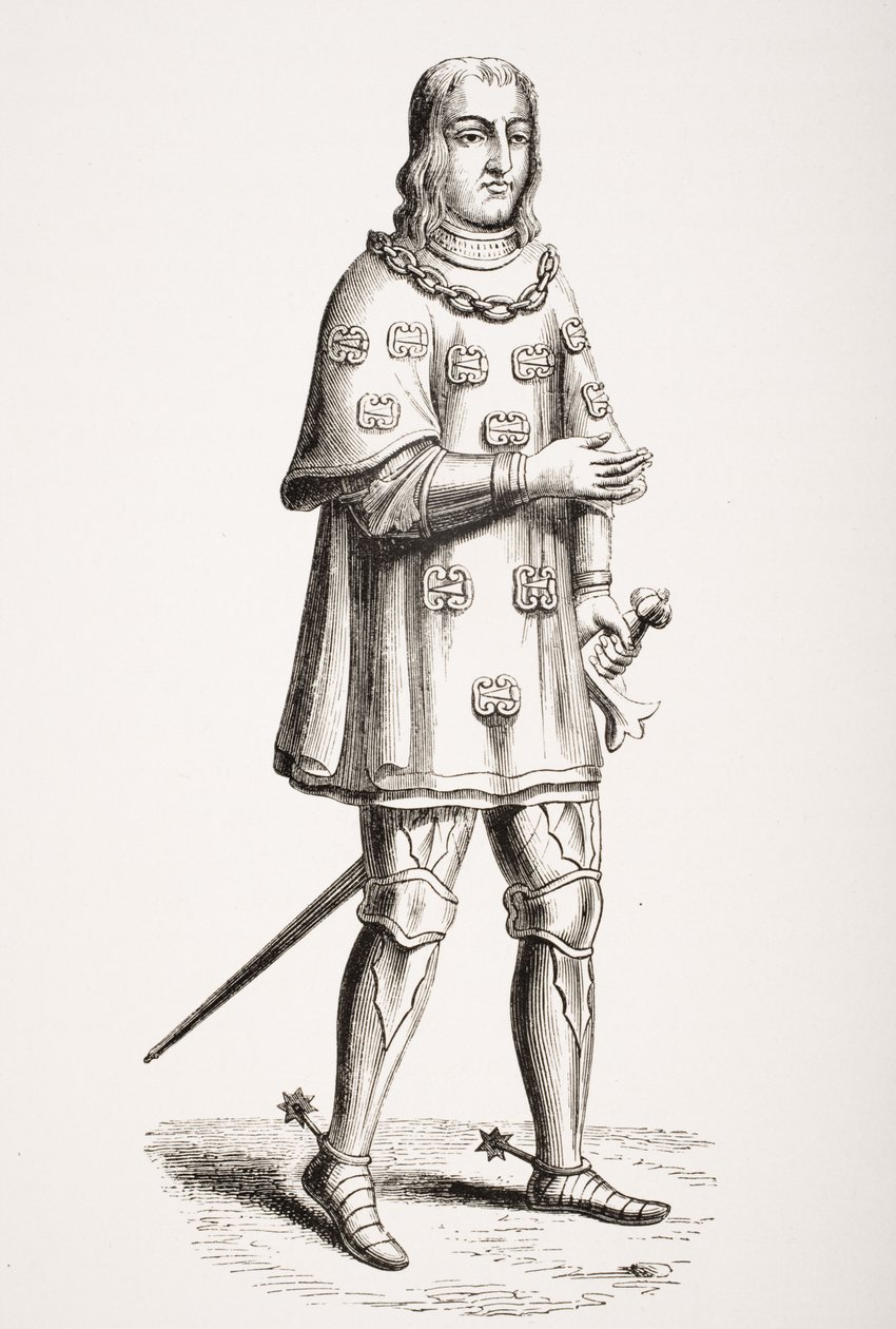 Louis de Mallet-t (1448-1516) 1487-ben ábrázolták a Háború és bajnokság jelmezében, egy 16. századi metszet után, Paul Lacroix (1806-84) „Le Moyen Age et La Renaissance” című művéből, 1847-ben megjelent. alkotó: French School