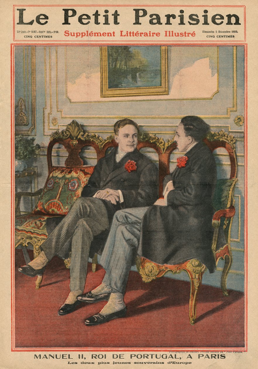 Manuel, Portugália királya Párizsban XIII. Alfonzóval, Spanyolország királyával, Európa két legfiatalabb uralkodójával, a „Le Petit Parisien” címlapjának illusztrációja, supplemnet litteraire illustre, 5. de alkotó: French School