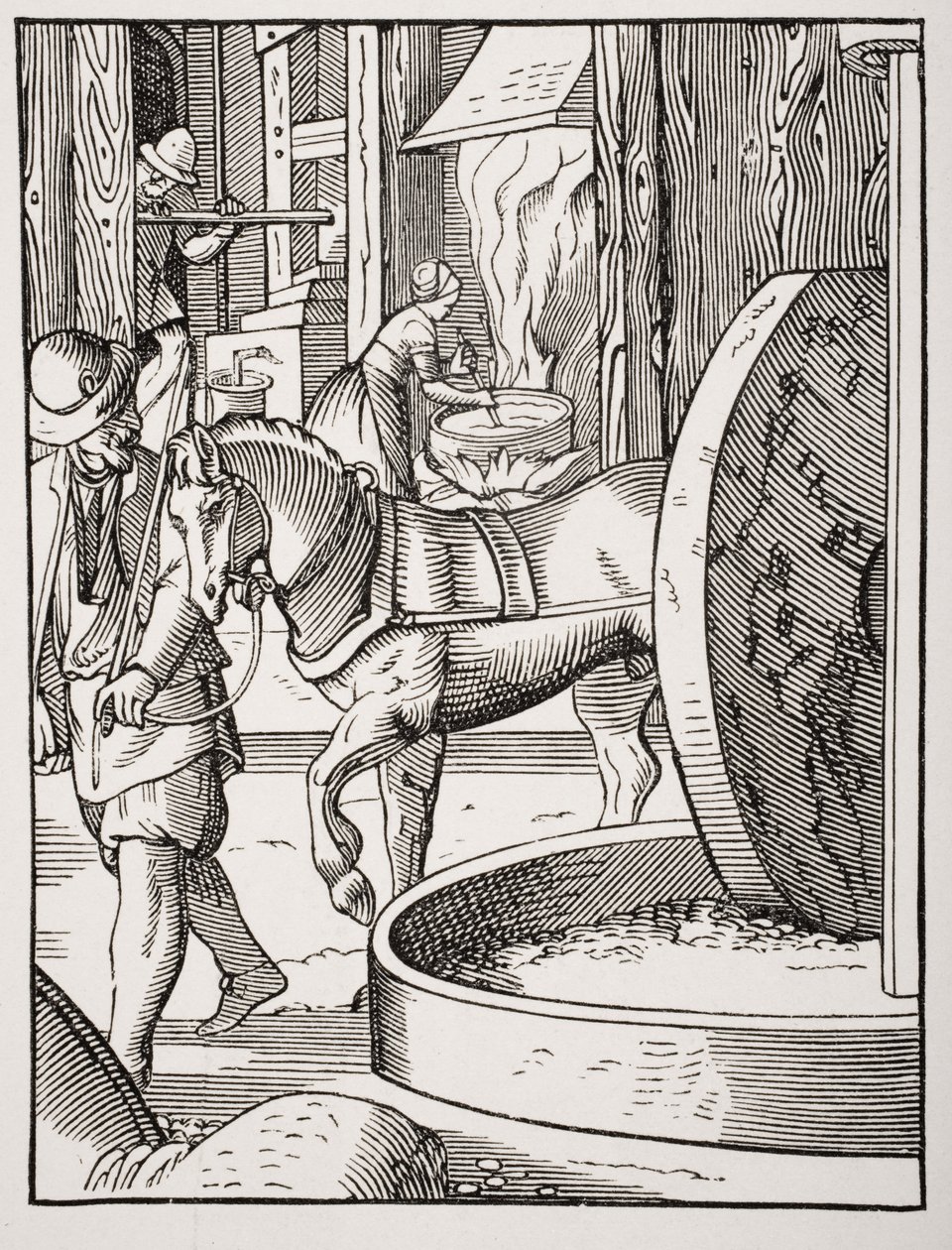 Olajgyártás, Jost Amman (1539-91) 16. századi illusztrációja nyomán Paul Lacroix (1806-84) „Le Moyen Age et La Renaissance” című művéből, 1847-ben megjelent. alkotó: French School
