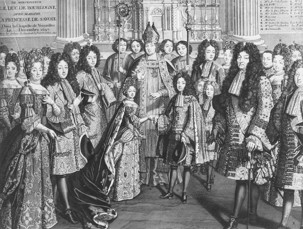 Louis de France (1682-1712), Bourgogne hercegének házassága Marie Adelaide de Savoie-val (1685-1712) a versailles-i királyi kápolnában, 1694 decemberében XIV. Lajos király jelenlétében alkotó: French School
