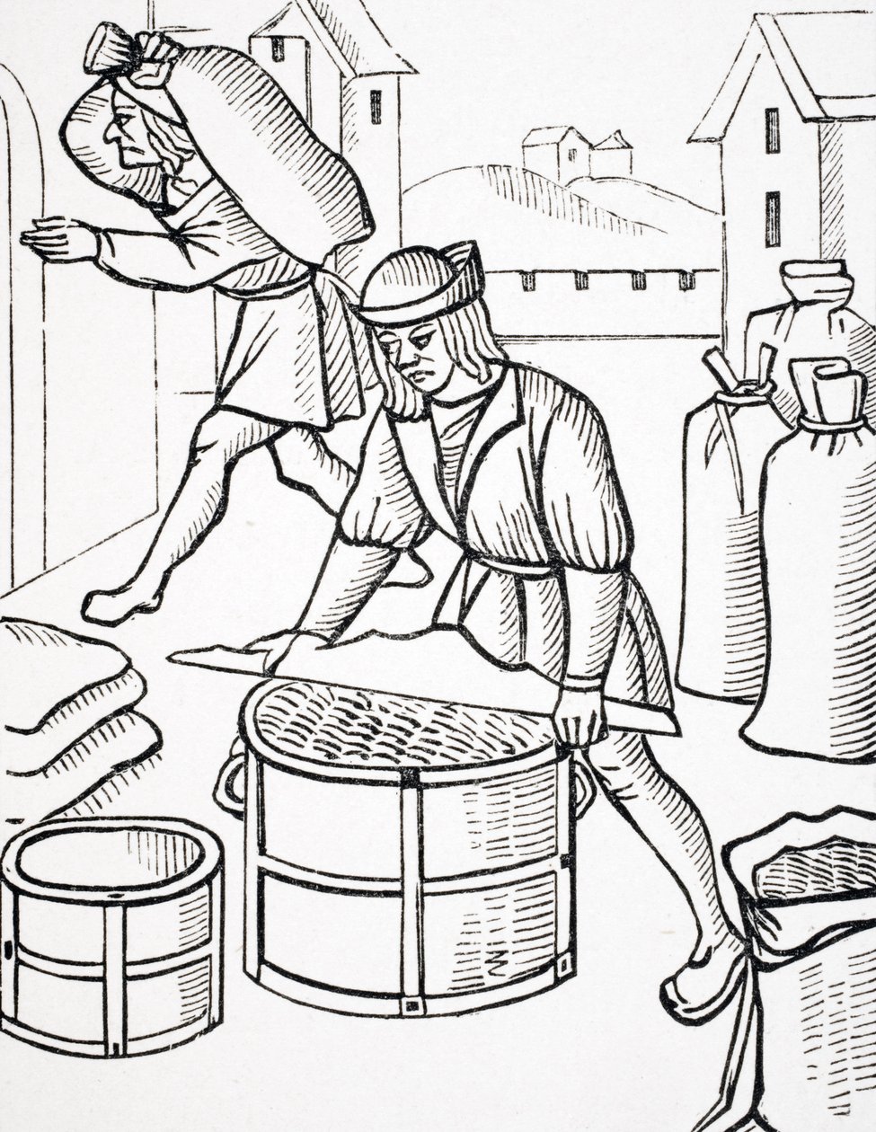 Measurers of Corn in Paris, egy fametszet a „Királyi parancsok a kereskedők társaságának joghatóságáról és a Párizs városában” című, 1578-ban megjelent „Le Moyen Age et La Re”-ből. alkotó: French School