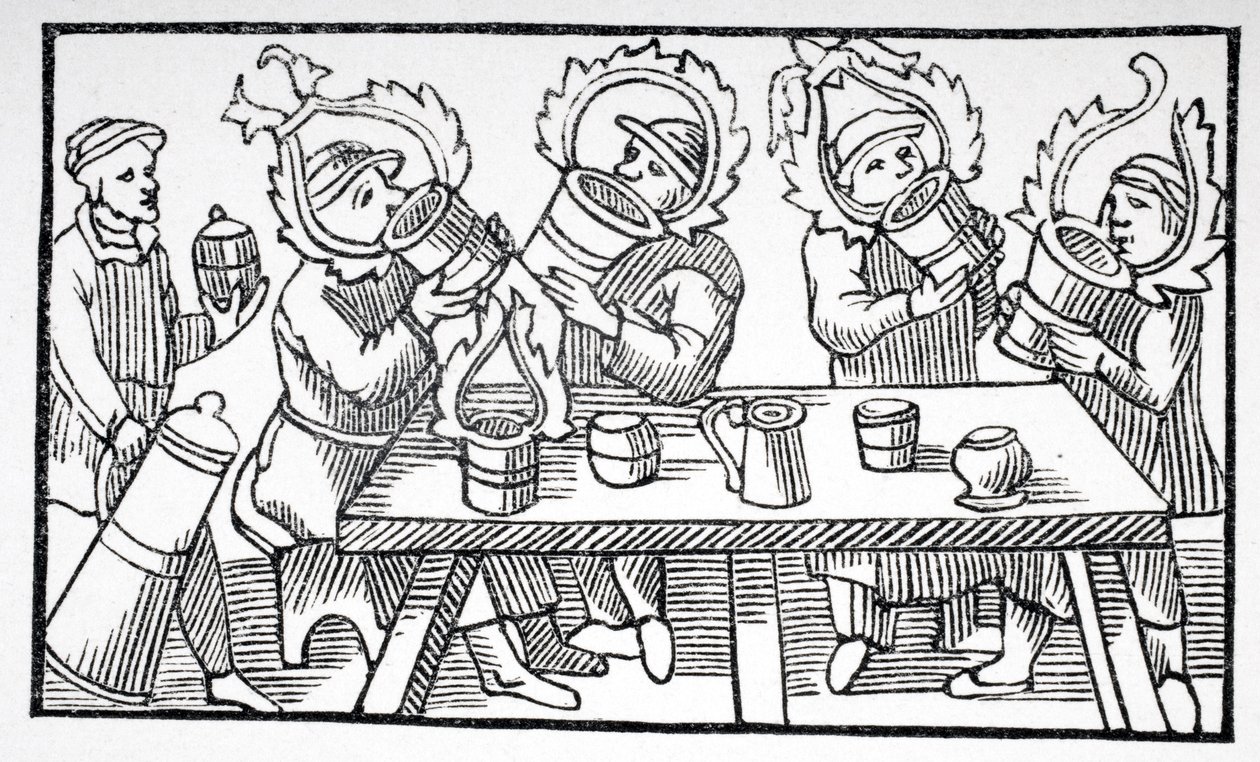 Férfiak isznak, Olaus Magnus (1490-1557) „Az északi nemzetek története” illusztrációja, Rómában, 1555, Paul Lacroix (1806-84) „Le Moyen Age and La Renaissance” című művéből. alkotó: French School