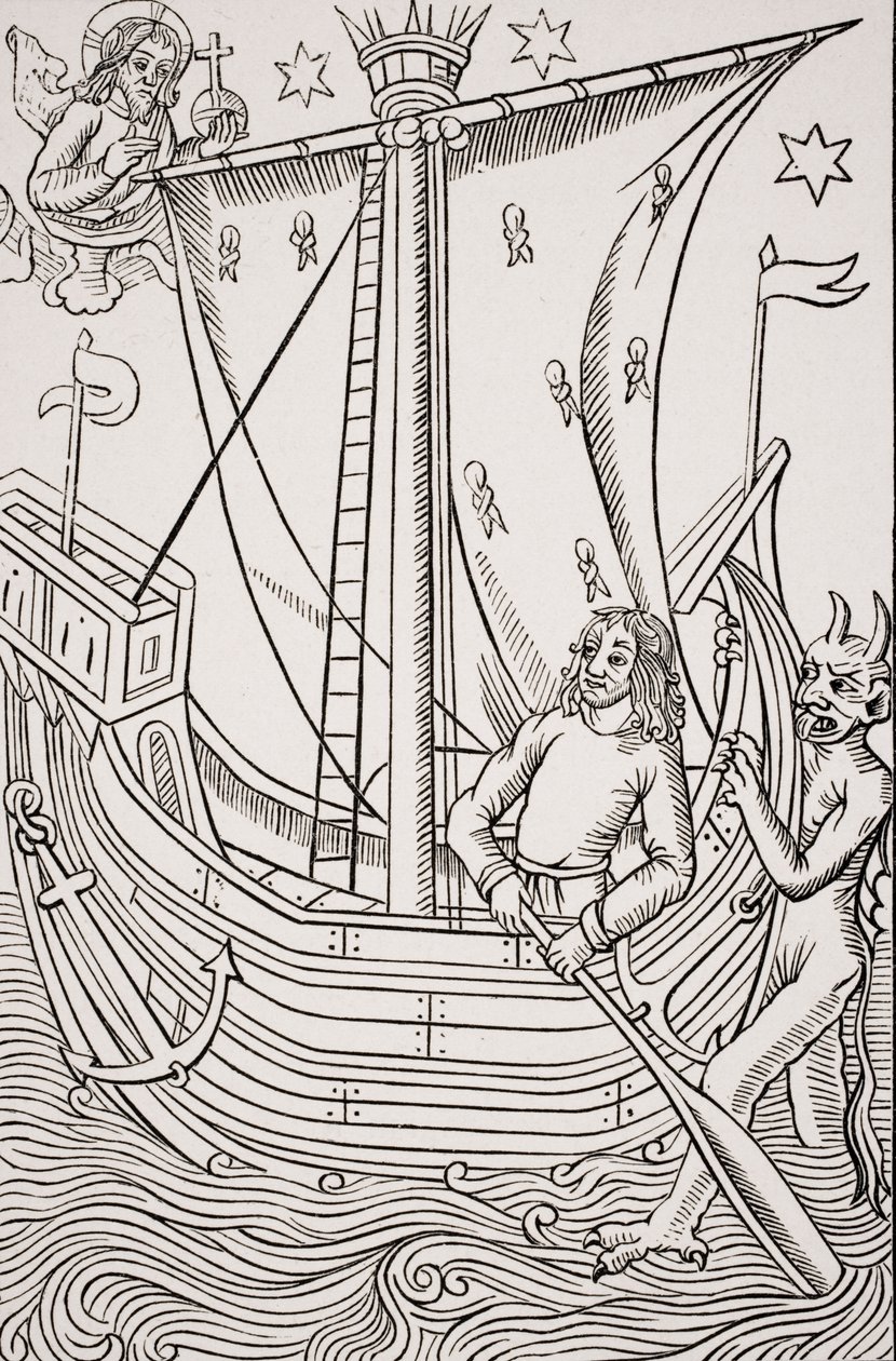 Kereskedelmi hajó viharban, Nicolas de Rouge „Grand Kalendrier et Compost des Bergers” című fametszete, 1490 körül nyomtatva, Paul Lacroix (1806-84) kocsma „Le Moyen Age et La Renaissance” című művéből alkotó: French School