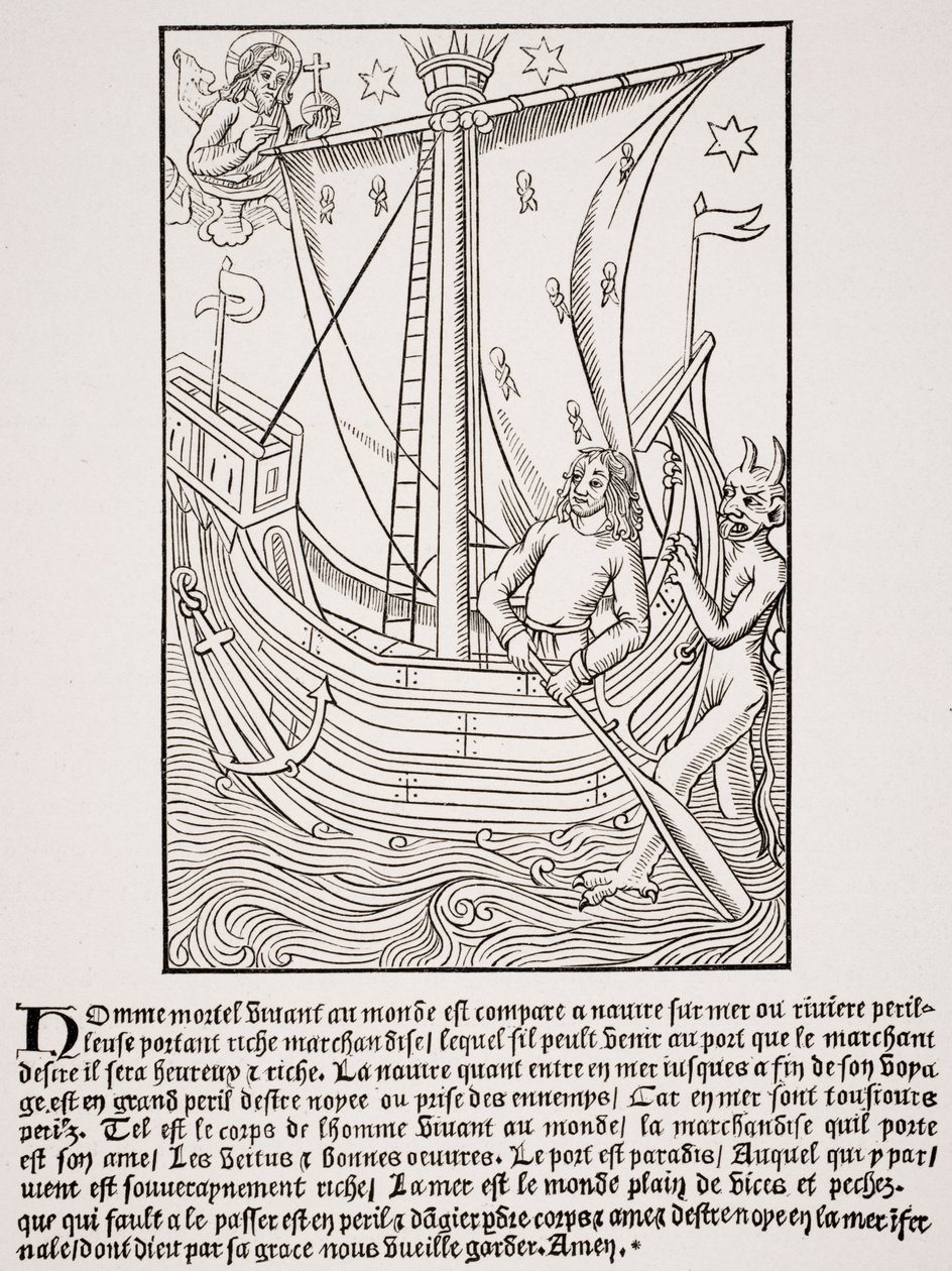 Kereskedőhajó viharban, Nicolas de Rouge "Grand Kalendrier et Compost des Bergers" című, 1490 körül nyomtatott fametszetének fakszimiléje, Paul Lacroix (1806-84) "Le Moyen Age et La Renaissance" című művéből. alkotó: French School