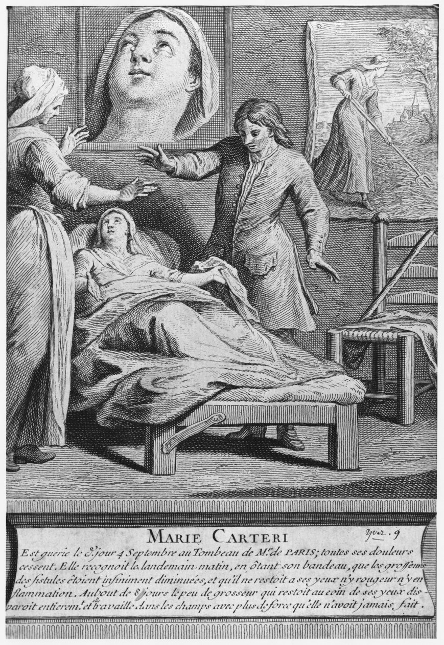 Egy vak nő, Marie Carteri csodálatos gyógyulása Francois de Paris diakónus sírján a párizsi Saint-Medard plébánia temetőjében, Pieter Yver (1712-87) metszetében 1737 alkotó: French School