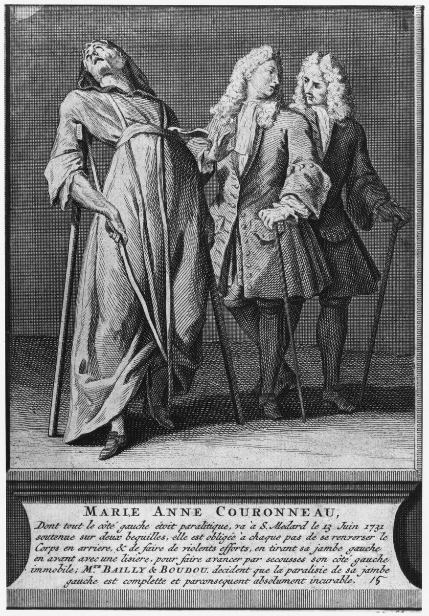 Egy bénult, Marie-Anne Couronneau csodálatos gyógyulása Francois de Paris diakónus sírján a párizsi Saint-Medard plébánia temetőjében, 1731. június 13-án, vésette Pieter Yver (1712-87) 1737 ( alkotó: French School