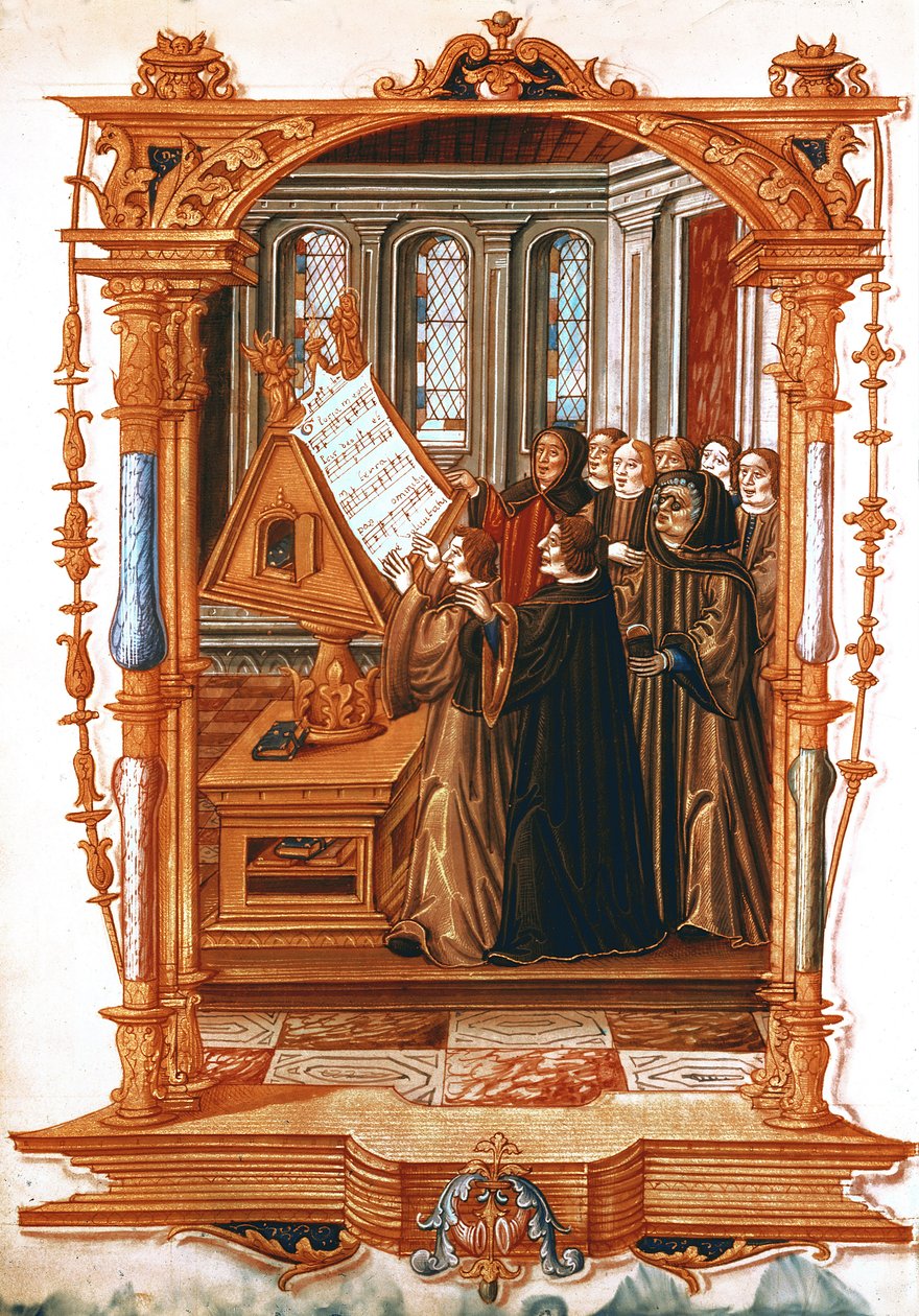 Ms Fr 1537 f.58v Illusztráció a "Chants Royaux sur la Conception Couronnee du Puy de Rouan"-ból, amely a Gloria-t éneklő kórust ábrázolja, vezényel Jean Ockeghem (1410-97), 1519-26 alkotó: French School