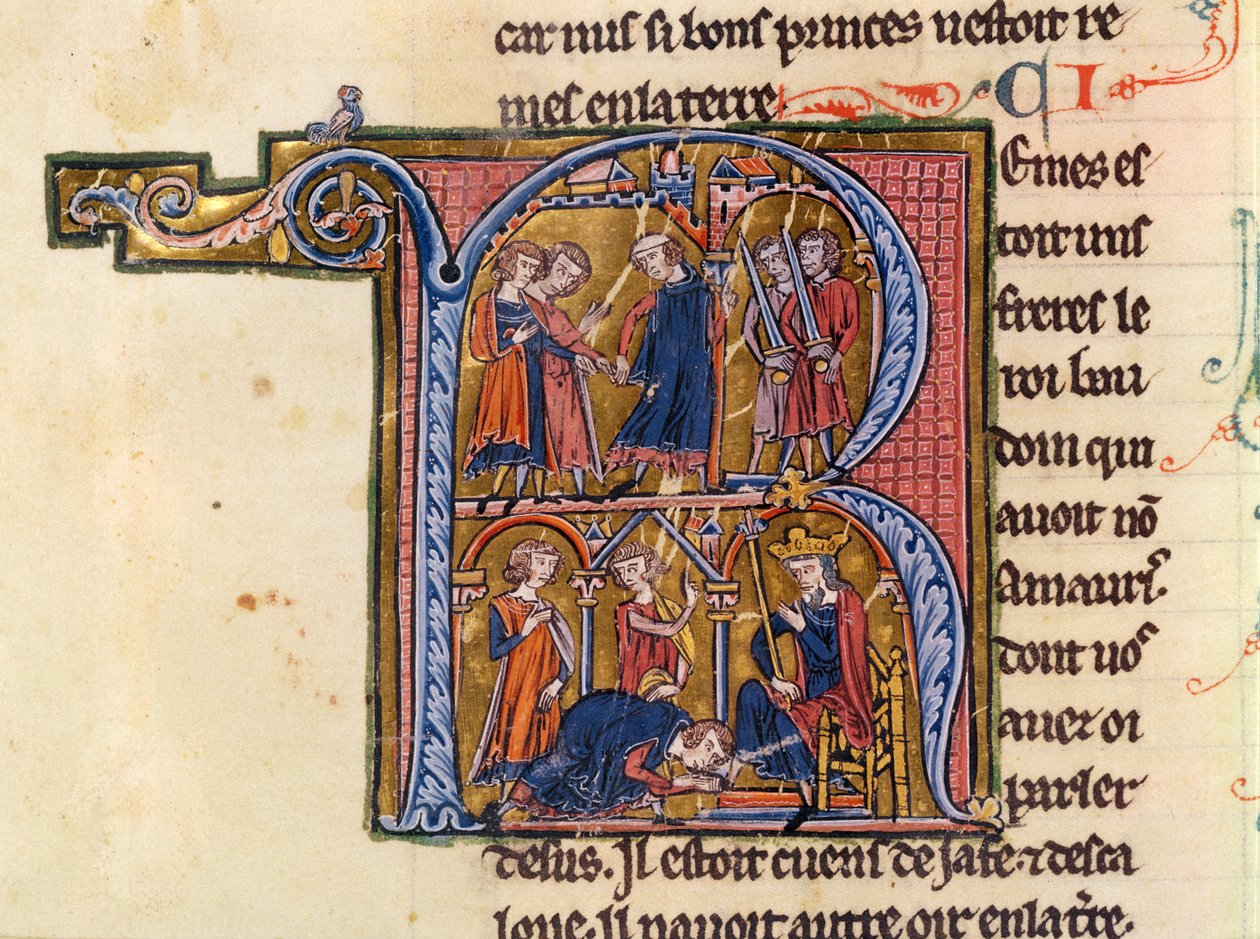 Ms Fr 9081 fol.245v Történelmezett „R” kezdőbetű, amely a szultánt ábrázolja, amint hírnökeit küldi Egyiptom kalifájához, és a szultánt, aki megcsókolja a kalifa lábát, Vilmos „Histoire de Jerusalem” című művéből alkotó: French School