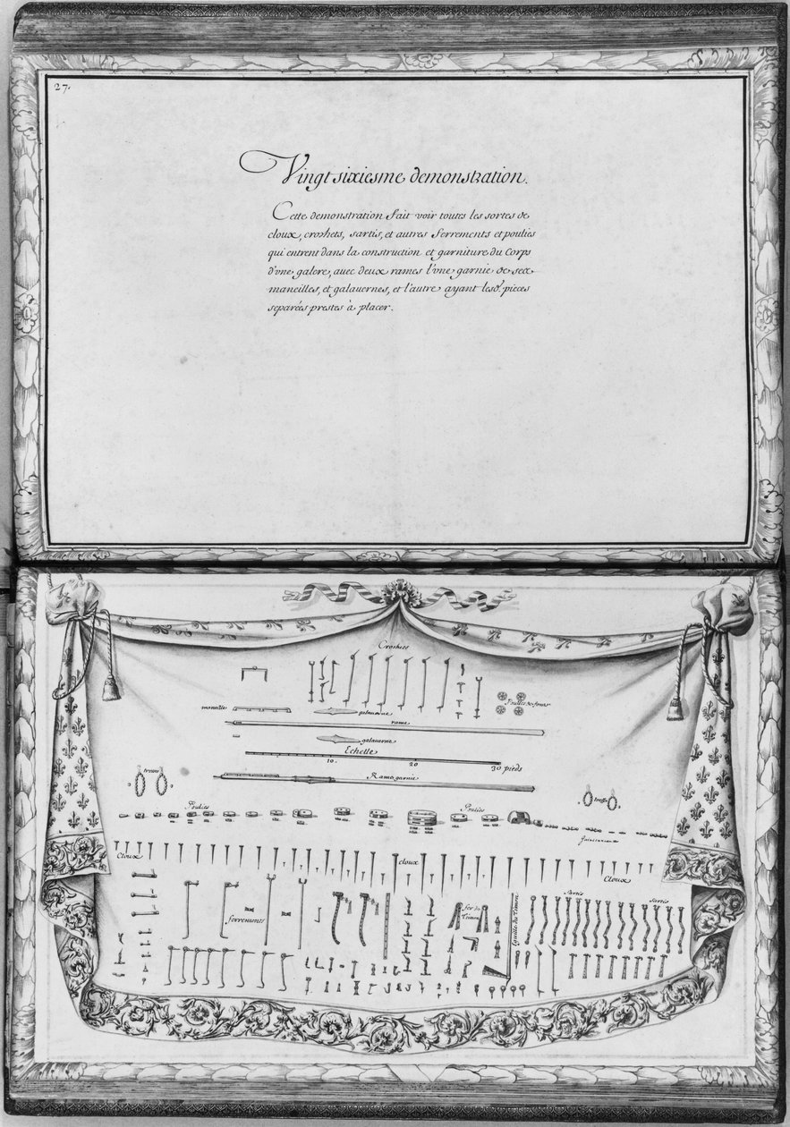 Konyha építéséhez szükséges szögek, horgok, csigák és vasszerelvények, huszonhatodik bemutató, 27. tábla, illusztráció a „Demonstrations de toutes les pieces de bois, cloux et ferremens qui entrent d” c. alkotó: French School