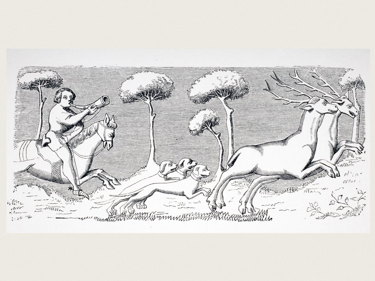 A szarvasok természete és megjelenése, és hogyan lehet őket vadászni kutyákkal, a 15. századi Phoebus-kézirat miniatűrje után, Paul Lacroix (1806-84) „Le Moyen Age et La Renaissance” című művéből. alkotó: French School