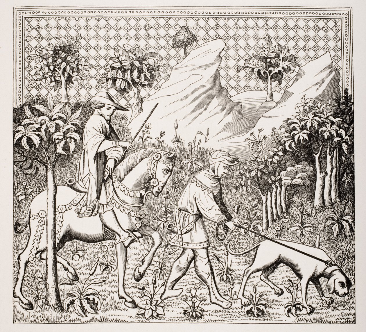 Nemes vadászjelmezben szolgájával és kutyájával, Gaston Phoebus „Des Deduits de la Chasse des Bestes Sauvages” című 15. századi miniatúrája után Paul „Le Moyen Age et La Renaissance” című művéből alkotó: French School