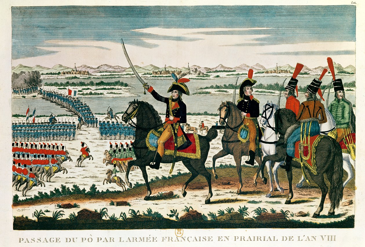 Átjárás Póba, a marengói csata előtt, Prairial, VIII. év (színes metszet) alkotó: French School