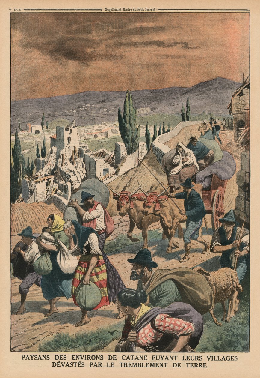 Catania környéki parasztok, akik menekülnek a földrengés által elpusztított falvaikból, a hátlapon illusztráció a „Le Petit Journal”-ból, mellékillusztráció, 1914. május 24. alkotó: French School